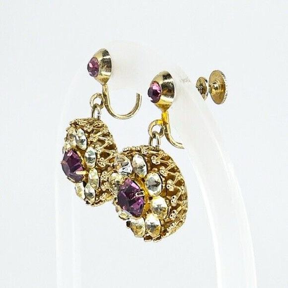 Vintage Large Coro Screw Back Dangle Earrings Clear Purple Rhinestones - Picture 2 of 5